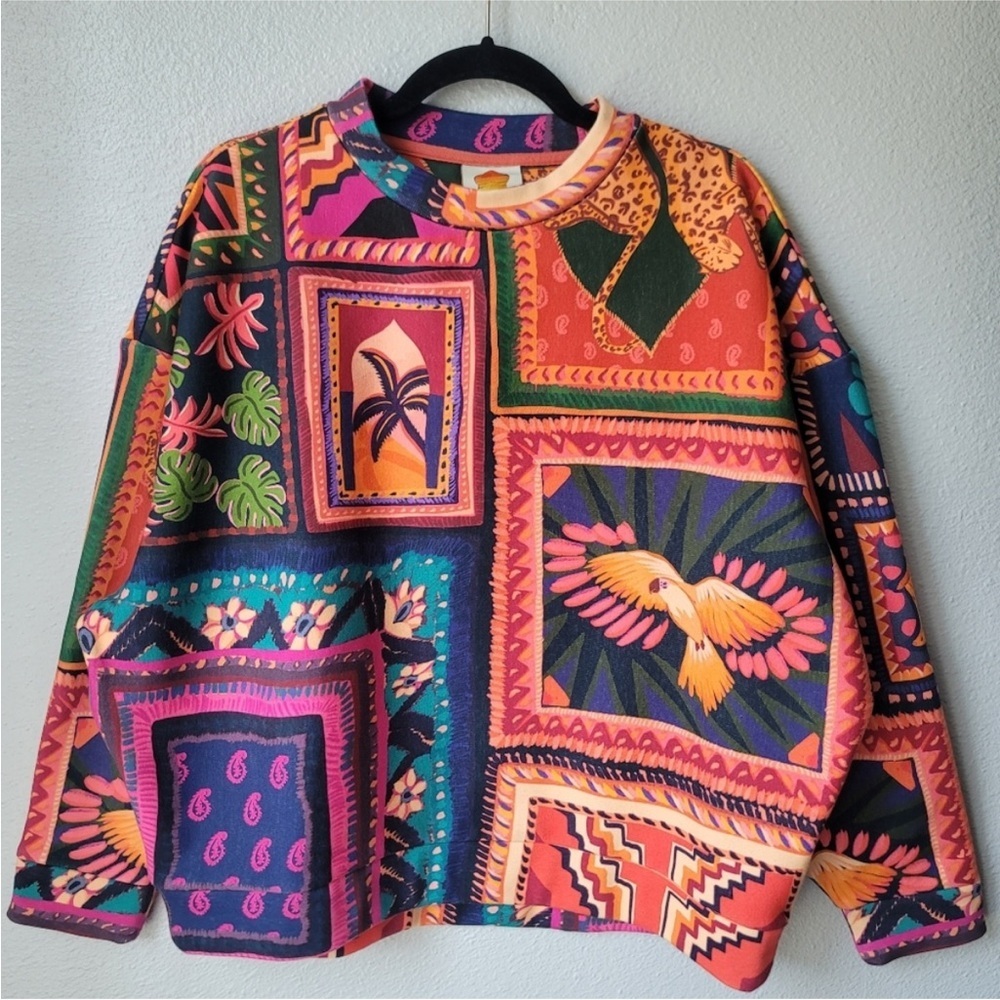 Farm Rio Mixed Scarves Patchwork Sweatshirt Bird Tropical Print Boxy Pullover 🐆
